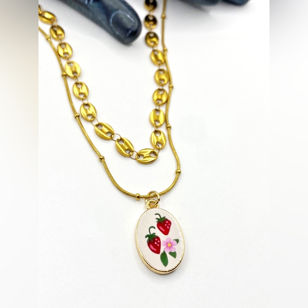 NEW Strawberry Pendant & Gold Double-Layer Necklace Set